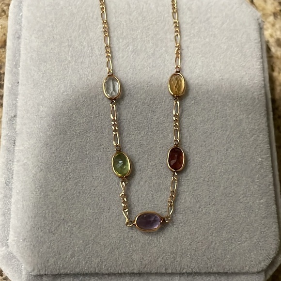 14K Yellow Gold Multi-Color Quartz 5-Stones Figaro Link Bracelet Stamp 14k - Picture 8 of 10